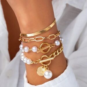 Elegant Gold and Pearl Bracelet Set